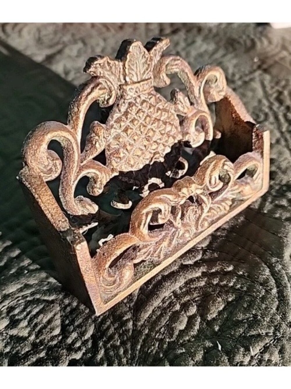 Ornate Phone Business Card Holder Pineapple Scrollwork‎ Distressed Finish Iron